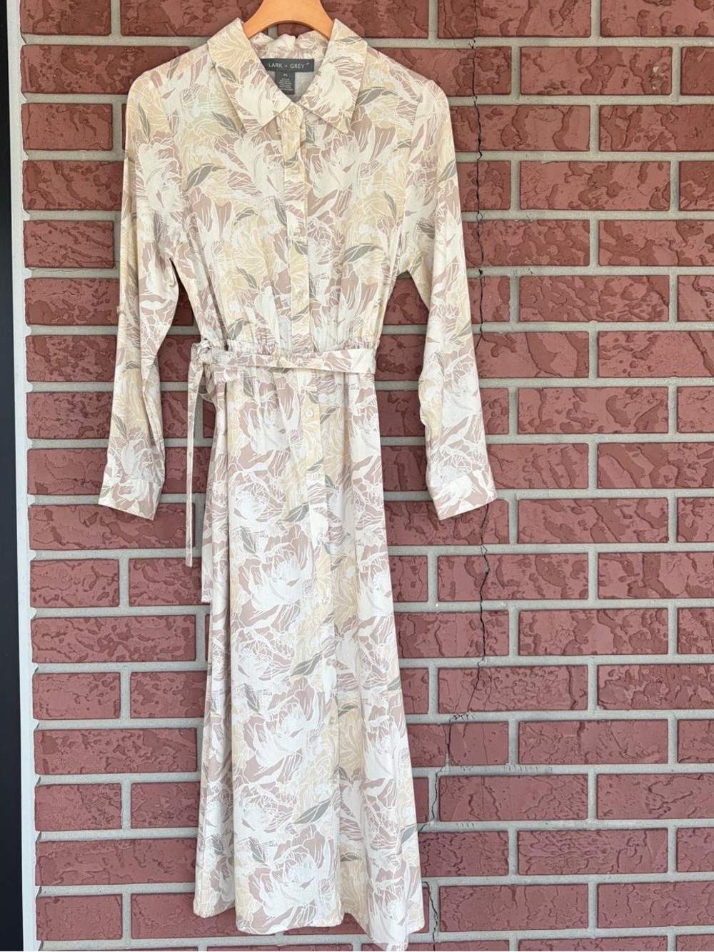 Vintage-Inspired Cream Leaf Print Shirt Dress with Belt